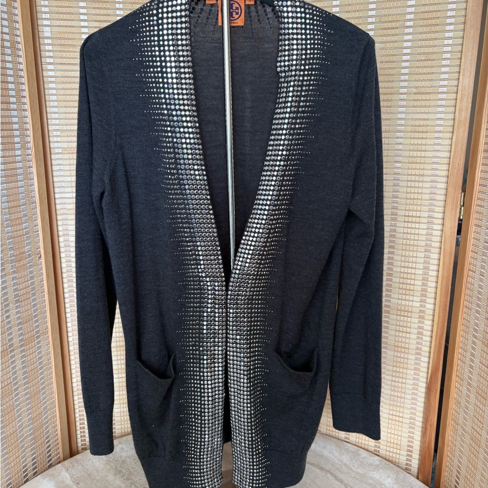Tory Burch embellished Merino wool cardigan with Silver stud embellishment